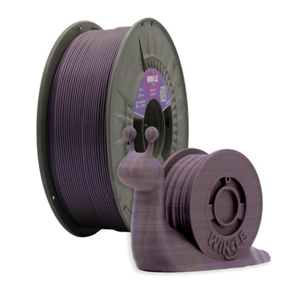 Spool of purple filament with a snail-shaped holder on a white background