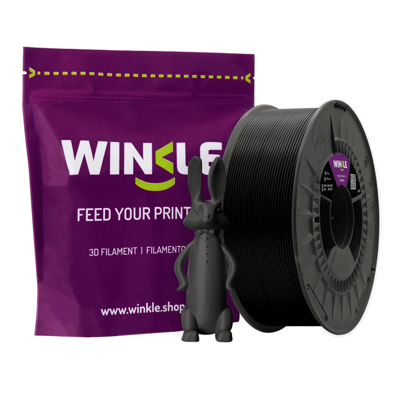 Winkle Jet Black PETG 1.75mm 1kg spool with durable mechanical sample print