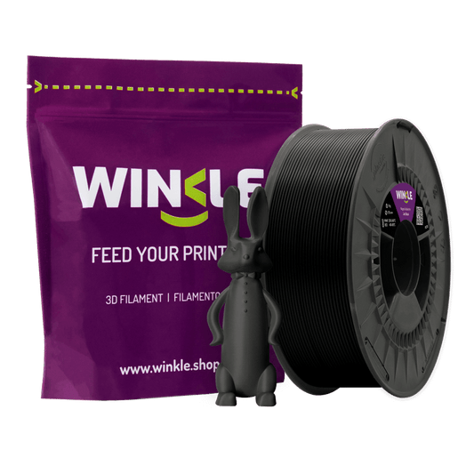 Winkle Jet Black PETG 1.75mm 1kg spool with durable mechanical sample print